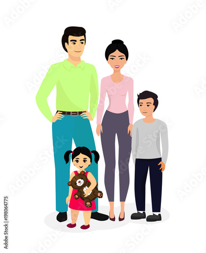 Vector illustration of happy and smiley Asian family with children and parents. Flat cartoon style mother, father, daughter and son isolated on white background.