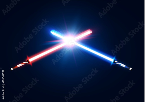Red and blue crossed light neon swords with trembling blade fight. Laser sabers war design. Scifi style. Glowing rays in space. Battle elements with star, flash particles. Colorful vector illustration