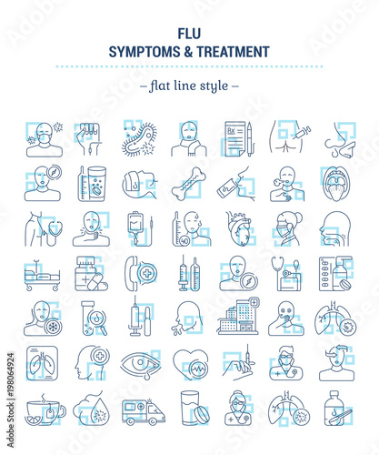 Vector graphic set. Icons in flat, contour, outline thin and linear design. Flu. Symptom, treatment, prevention. Simple isolated icons. Concept illustration for Web site. Sign, symbol, element.