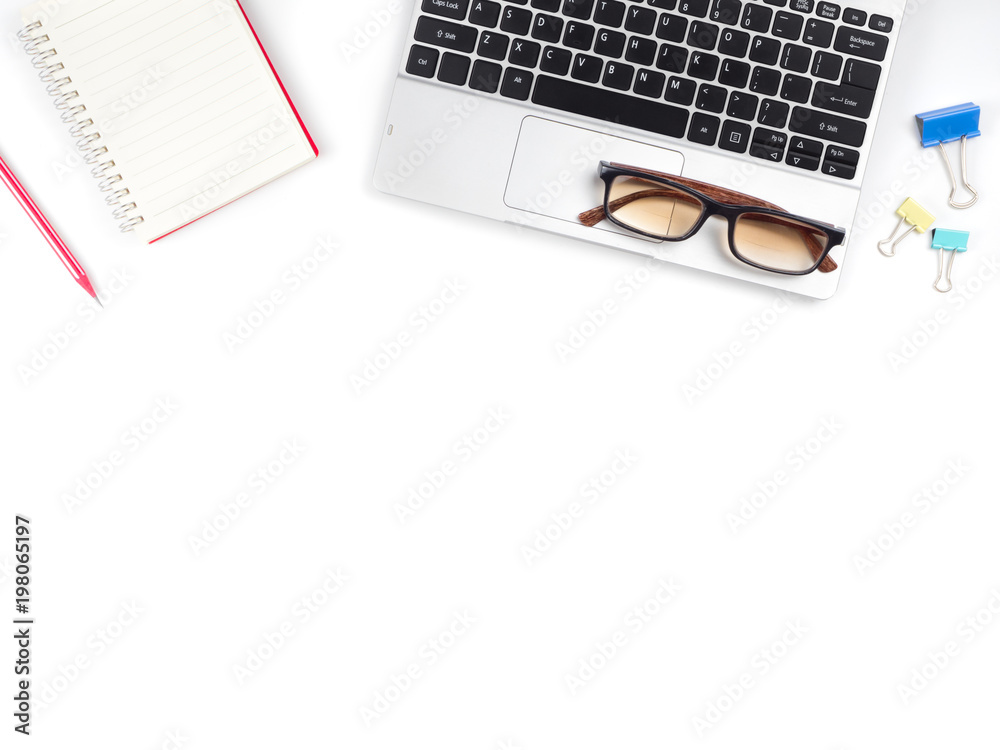 Minimal and Modern white office desk with laptop and glasses and other ...