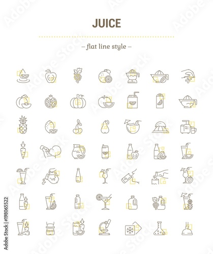 Vector graphic set. Icons in flat, contour, thin, minimal and linear design. Illustration of juice. Glass, bottle and package. Natural, product. Simple isolated concept sign and symbol for Web site.