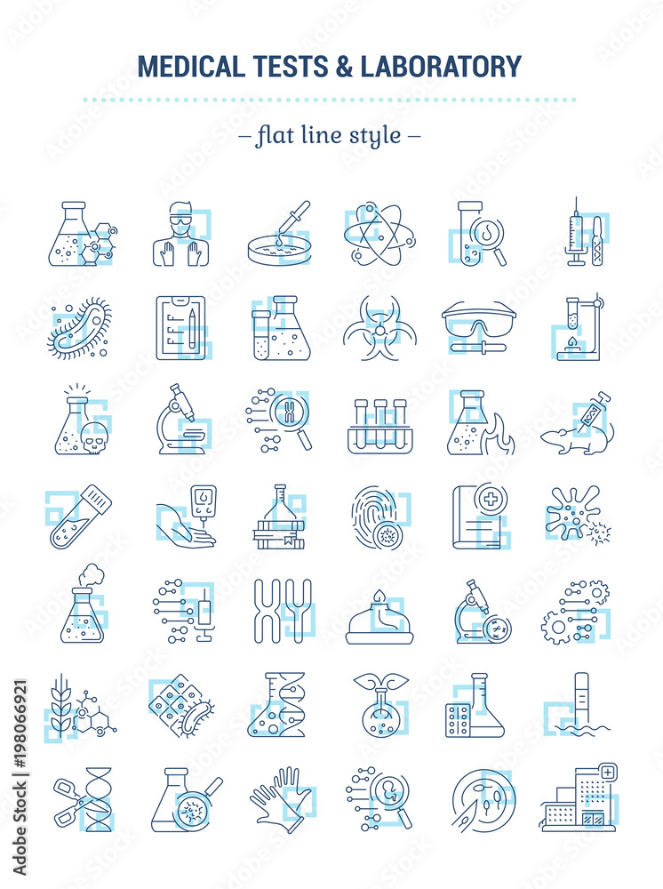 Naklejka premium Vector graphic set. Icons in flat, contour, outline thin and linear design. Laboratory and medical analysis. Simple isolated icons. Concept illustration for Web site. Sign, symbol, element.