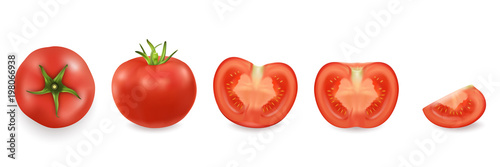Vector 3d realistic different tomato icon set closeup isolated on white background. Whole, quarter, half of a tomato and top view. Design template, clipart for graphics