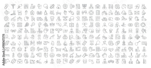 Vector graphic set. Icons in flat, contour, thin, minimal and linear design. Medicine and health.Collection logo and pictogram.Concept illustration for Web site. Sign, symbol, element.