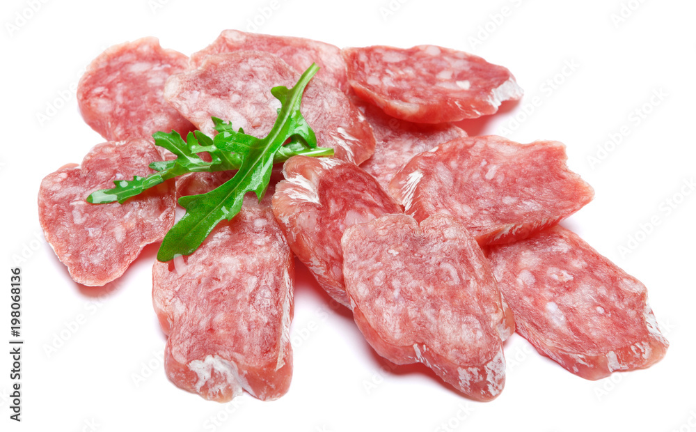 Dried sliced organic salami sausage on white background Dried sliced organic salami sausage on white background