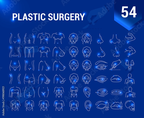 Vector graphic set. Editable outline stroke size. Icons in flat, contour, thin and linear design. Plastic surgery. Simple isolated icons. Concept illustration for Web site. Sign, symbol, element.