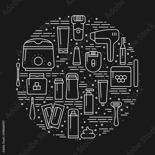 Circle with hair removal methods symbols in line style. Shaving sugaring laser waxing epilation depilation tweezing concept theme. Unique hair removal methods round print. Elements, icons.