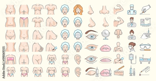 Vector graphic set. Editable outline stroke size. Icons in flat, contour, thin and linear design. Plastic surgery. Simple isolated icons. Concept illustration for Web site. Sign, symbol, element.