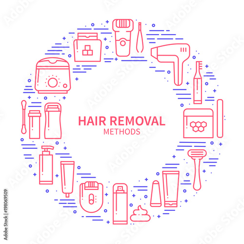 Circle frame with hair removal methods symbols in line style. Shaving sugaring laser waxing epilation depilation tweezing concept theme. Unique hair removal methods round print. Elements, icons.