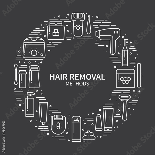 Circle frame with hair removal methods symbols in line style. Shaving sugaring laser waxing epilation depilation tweezing concept theme. Unique hair removal methods round print. Elements, icons.