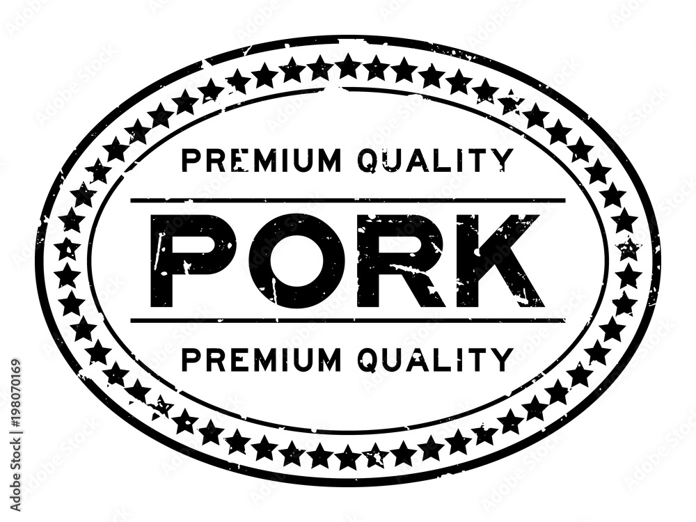 Grunge black premium quality pork oval rubber seal stamp on white background