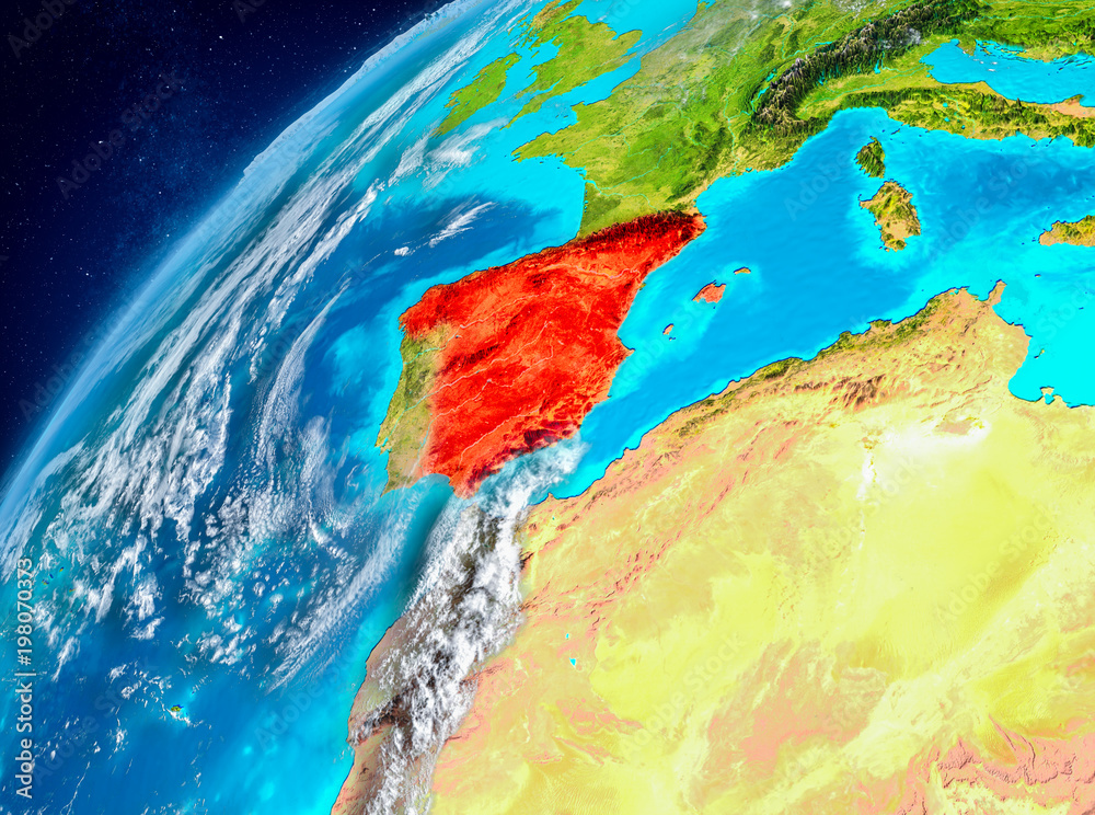 Space view of Spain in red