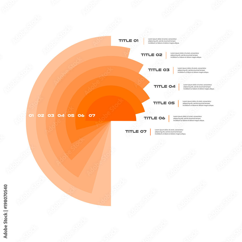 Concentric infographics step by step in a series of circle. Element of chart, graph, diagram with 7 options, parts, processes. Vector business template for presentation