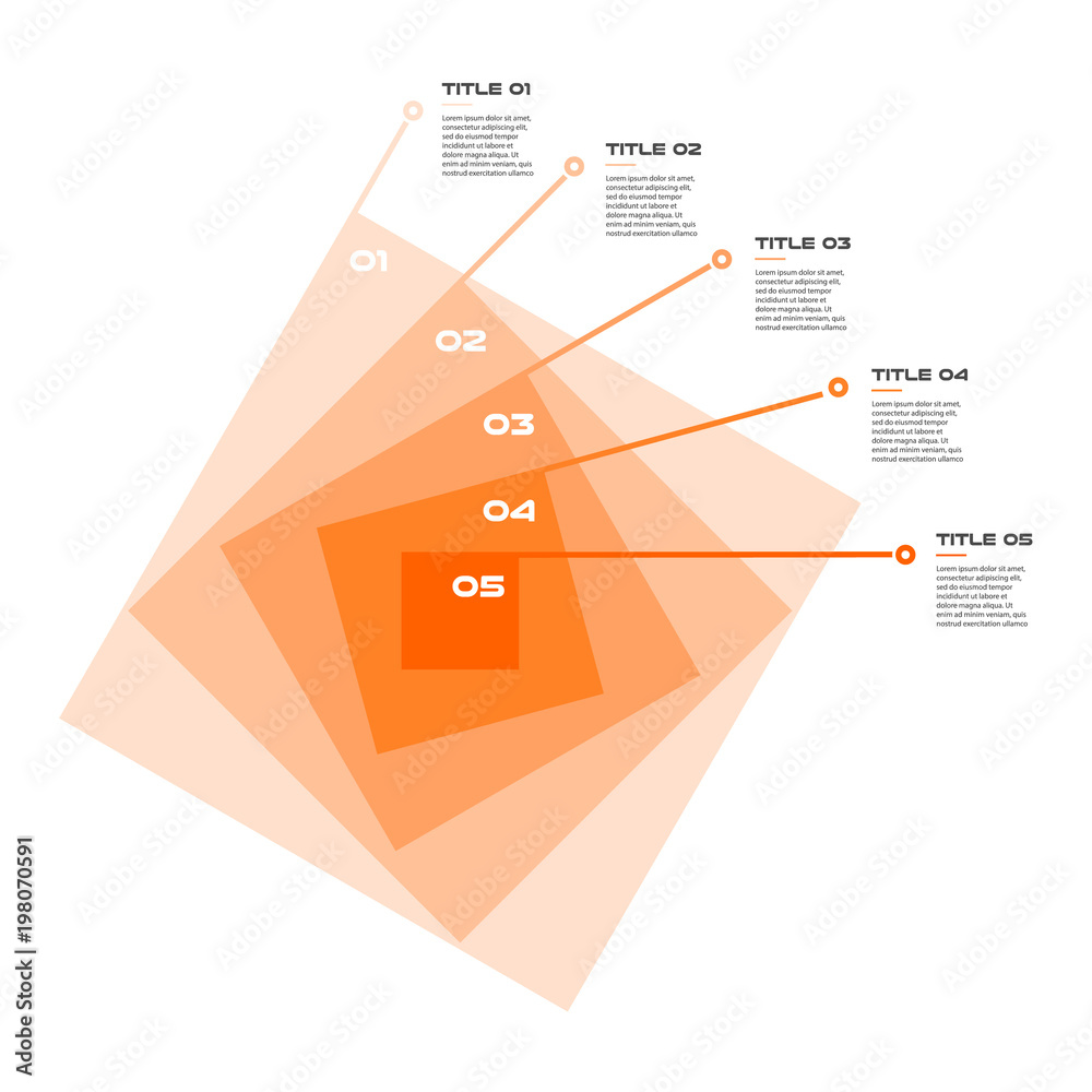 Concentric infographics step by step in a series of squares. Element of chart, graph, diagram with 5 options - 20, 40, 60, 80, 100 percent, parts, processes. Vector business template for presentation