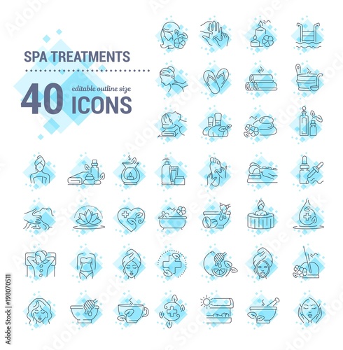 Vector graphic set. Editable stroke size. Icons in flat, contour, outline, thin and linear design. Spa treatments. Simple isolated icons. Concept illustration for Web site. Sign, symbol, element.