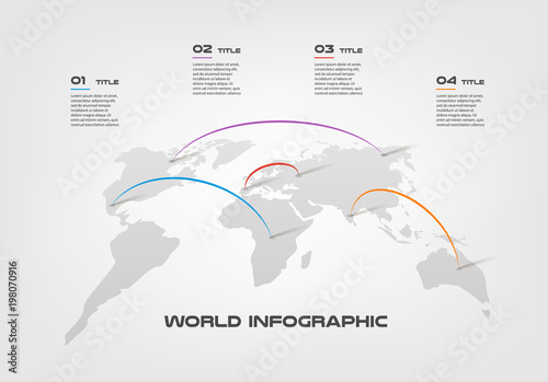 World map transfer color infographics step by step in a series of circle. Element of chart, graph, diagram with 4 options - parts, processes, timelines. Vector business template for presentation