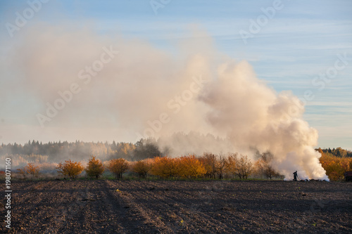 Burning old grass on the farm field. Smoke. © Aleks Kend