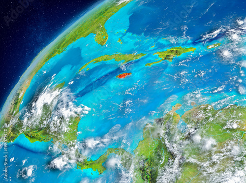 Space view of Jamaica in red