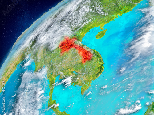 Space view of Laos in red