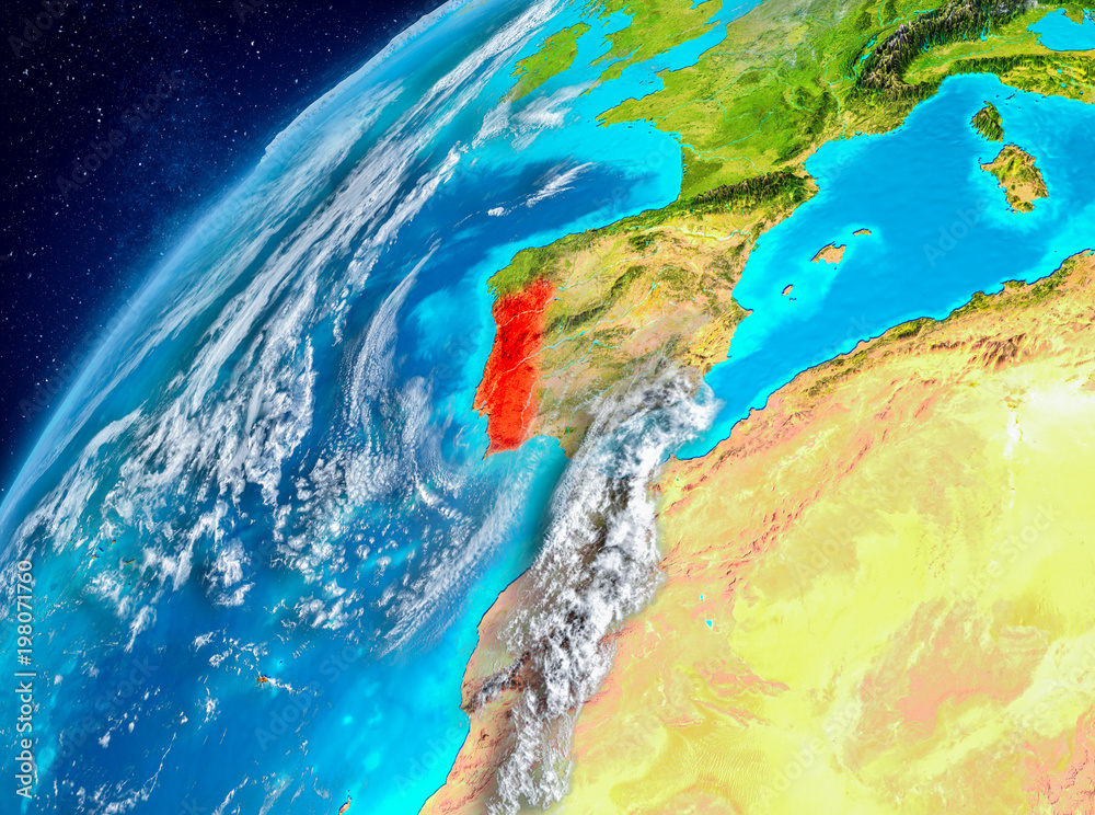 Space view of Portugal in red