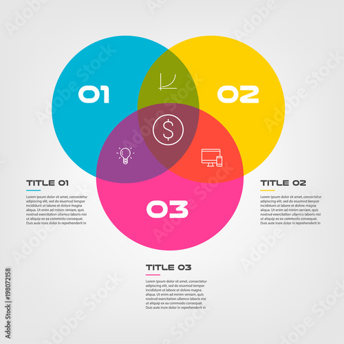Venn diagram infographics for three circle design vector and marketing can be used for workflow layout, annual report, web design. Business concept with steps or processes