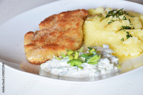 pore with sour cream and mayonnaise, pork cutlet and potatoes with dill