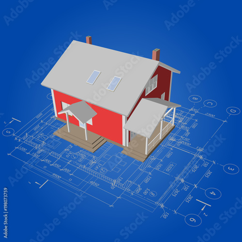 Architectural background with a 3D  suburban house model. Detailed architectural plan. Vector building blueprint.