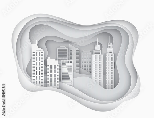 White 3d paper art city skycrapers. Abstract paper waves, layers. Modern buildings