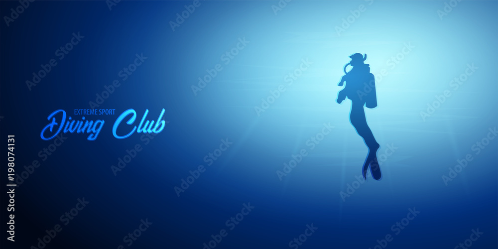 Underwater background with sun rays and silhouette of diver. Deep Ocean banner. Color vector illustration