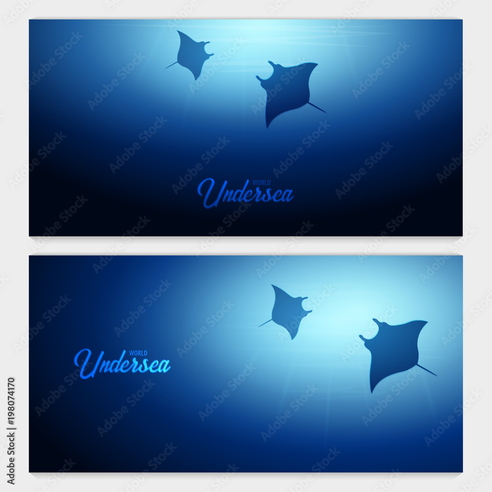 Obraz premium Underwater background with sun rays and silhouette of stingray or manta ray. Deep Ocean banner. Color vector illustration