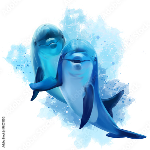 Fotografia Two blue Dolphins watercolor illustration
