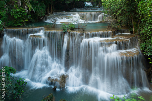 Huay Mae Khamin waterfalls in deep forest at Srinakarin National Park  Kanchanaburi  A beautiful stream water famous rainforest waterfall in Thailand