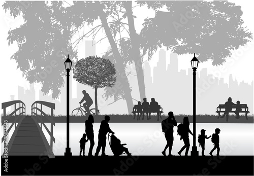 People silhouettes, urban background.