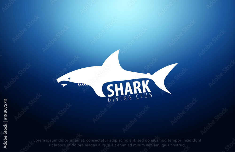 Shark logo with Underwater background with sun rays. Deep Ocean. Color vector illustration Shark logo with Underwater background with sun rays. Deep Ocean. Color vector illustration