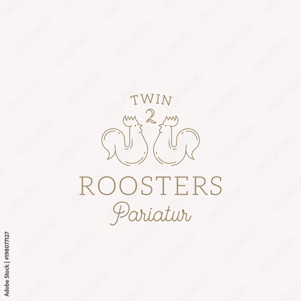 Twin Roosters Abstract Vector Sign, Symbol or Logo Template. Elegant Line Style Roosters Sillhouette with Classy Typography. Vintage Luxury Vector Emblem.