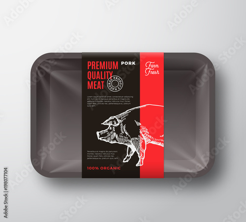 Premium Quality Pork Meat Package and Label Stripe. Abstract Vector Food Plastic Tray Container with Cellophane Cover. Packaging Design Layout. Modern Typography and Hand Drawn Pig Silhouette