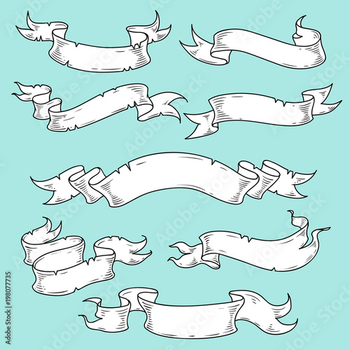 Vintage white ribbon on blue background. Hand drawn collection.