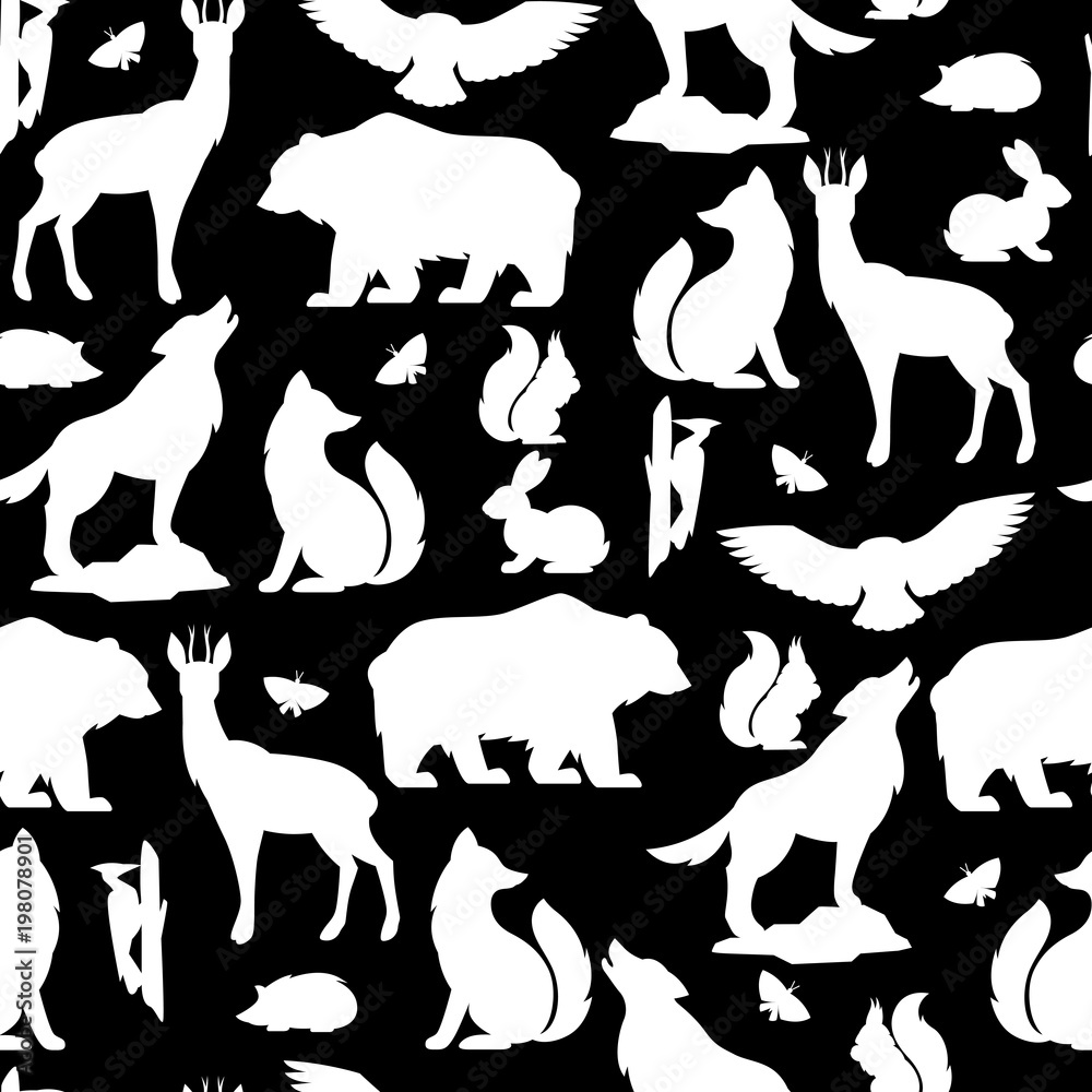 Seamless pattern with woodland forest animals and birds. Stylized illustration