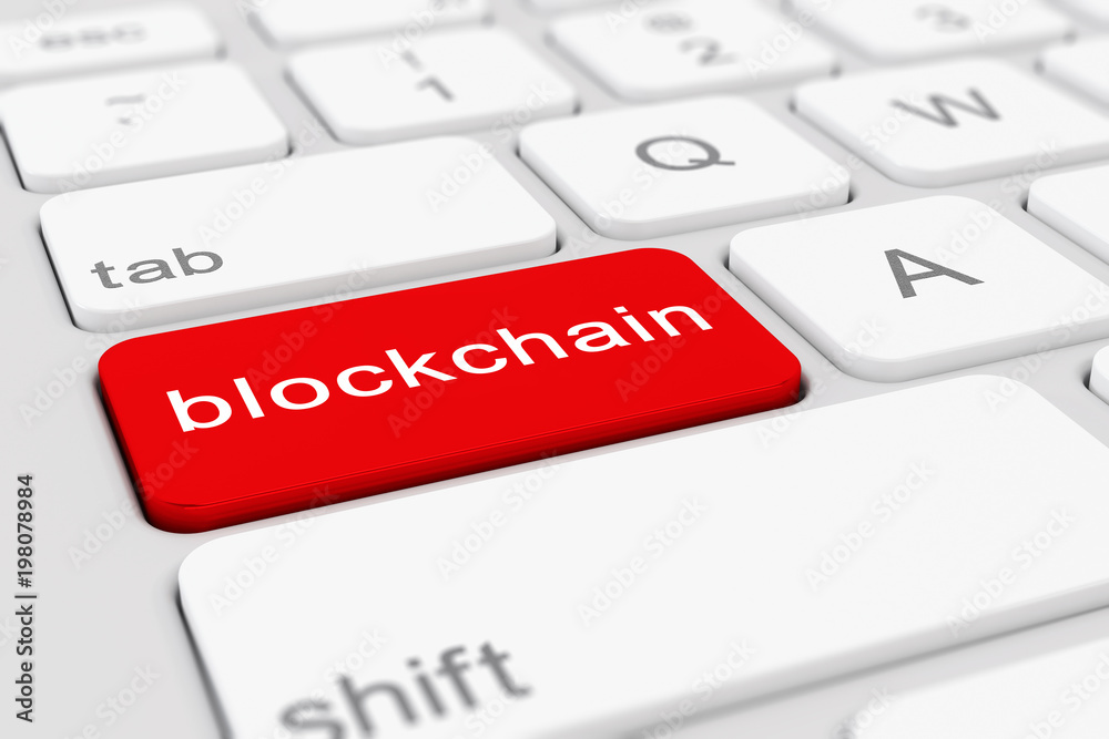 Computer-Tastatur mit einer roten Taste und der Aufschrift blockchain. Computer-Tastatur mit einer roten Taste und der Aufschrift blockchain.