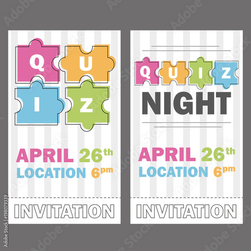Quiz night thin line concept. Vector illustration - puzzle colored pieces - voucher templates or invitation