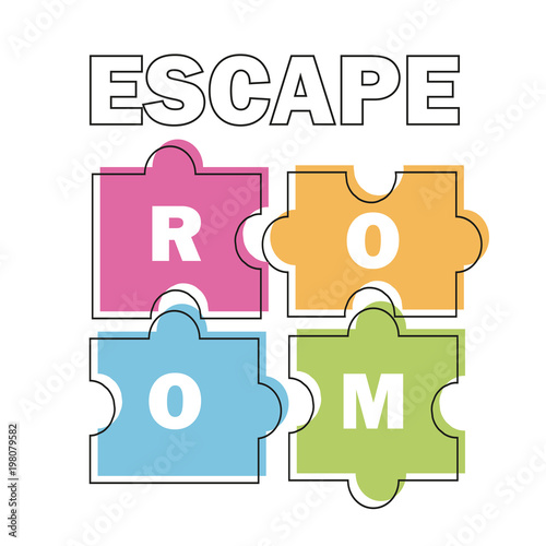 Escape room. Vector illustration poster, banner on white background puzzle colored pieces