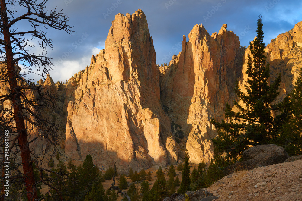Dramatic nature formation and canyon view during the golden hour in Smith Rock State Park in Eastern Oregon USA Pacific Northwest.