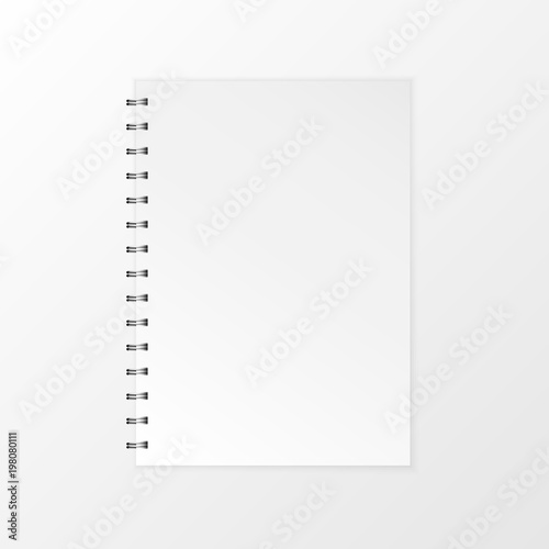 Blank realistic vector notebook. Flat isolated vector illustration spiral notepad on a white background.