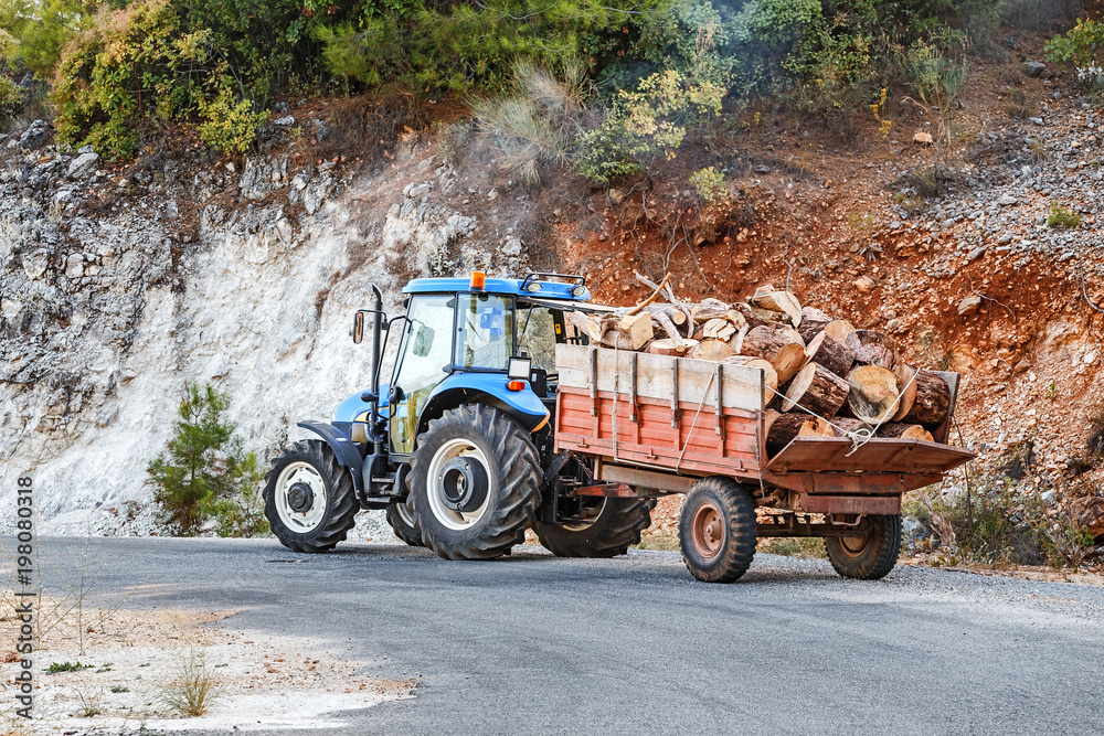 Obraz premium Tractor with wooden logs and chunks on an asphalt road in mountains