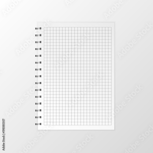 Blank realistic vector notebook. Flat isolated vector illustration spiral notepad on a white background.