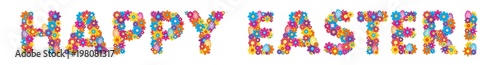 Happy Easter lettering with flowers and hidden Easter eggs