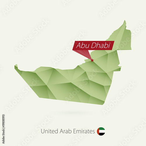 Green gradient low poly map of United Arab Emirates with capital Abu Dhabi