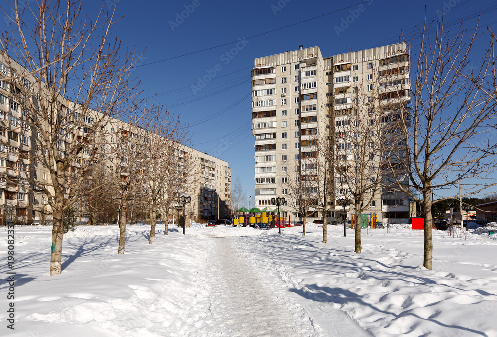 Residential neighborhood in winter. Town of Balashikha, Moscow region, Russia.