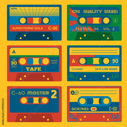 Retro audio cassettes set 2. Vintage set of old school technology.