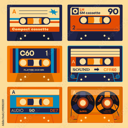 Old school audio cassettes set. Vintage technology illustration.